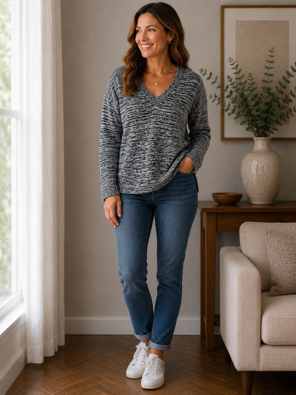 Ellen Tracy Marled V Neck Sweater Large Black Ivory Space Dye Knit Pullover